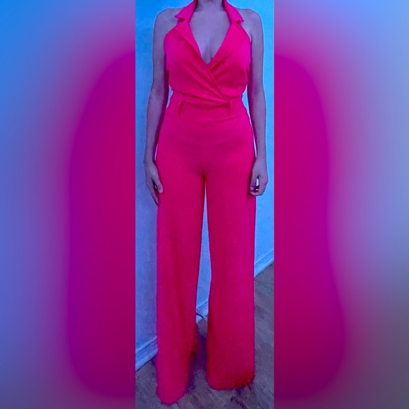 sexy backless hot pink jumpsuit.